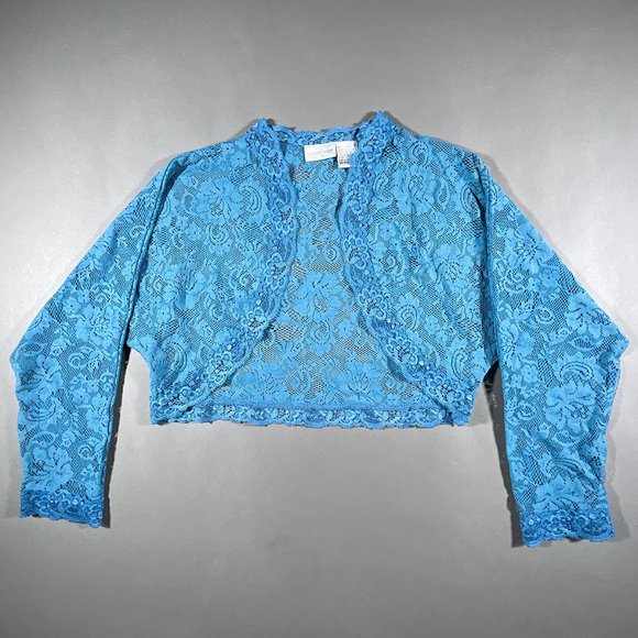Newport News Tops - Newport News Lace Sheer Teal Crop Top Long Sleeves No Closure Size Small